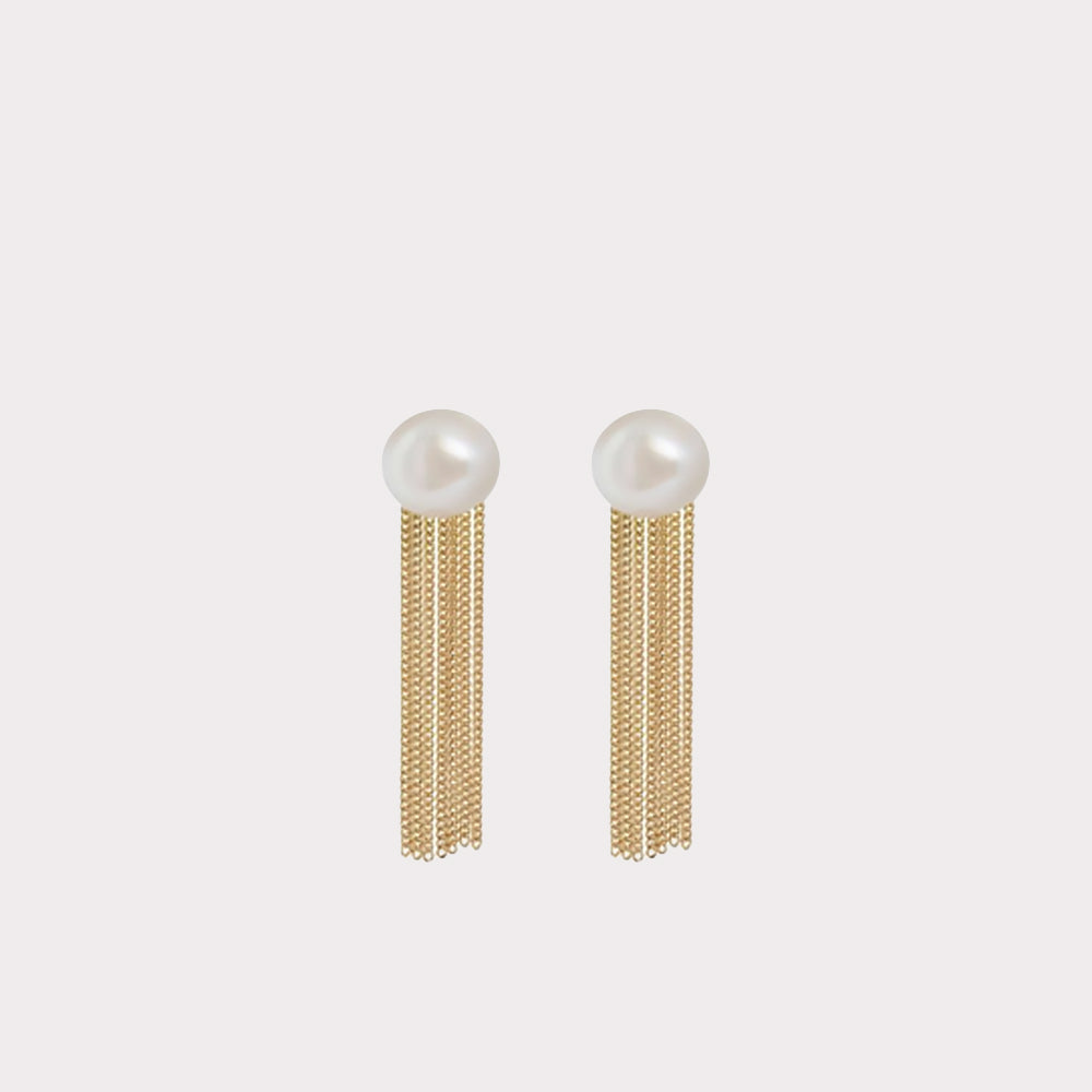 18kt Gold Chain Fringe Stud Earrings With Freshwater Pearl