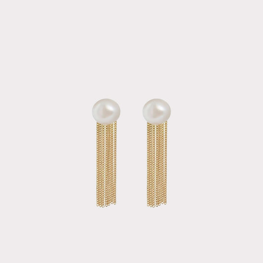 18kt Gold Chain Fringe Stud Earrings With Freshwater Pearl